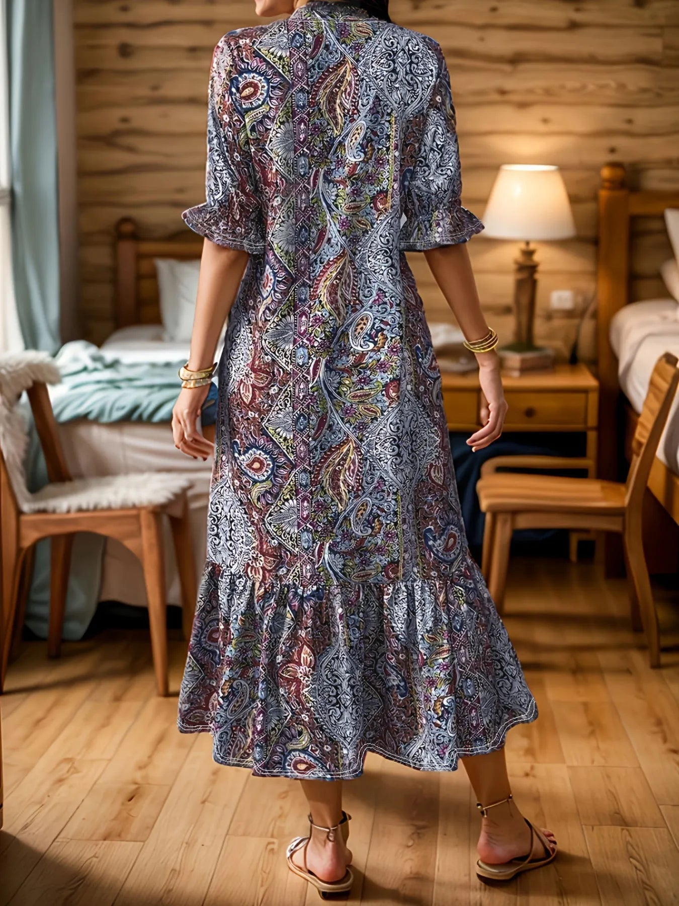 Full Size Bohemian Paisley Print Ruffle Hem Midi Dress Plus Size