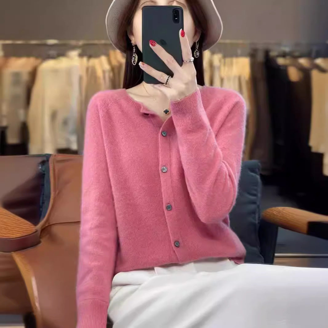 Fashion Merino Wool Cardigan Sweater Women O-Neck Long-sleeve Cashmere