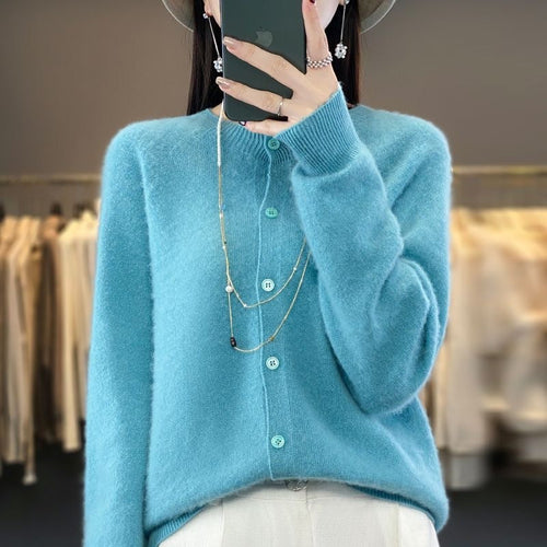 Fashion Merino Wool Cardigan Sweater Women O-Neck Long-sleeve Cashmere