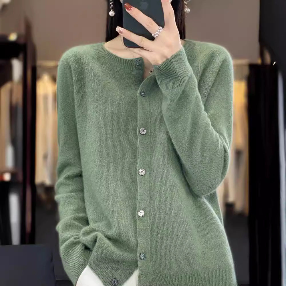 Fashion Merino Wool Cardigan Sweater Women O-Neck Long-sleeve Cashmere