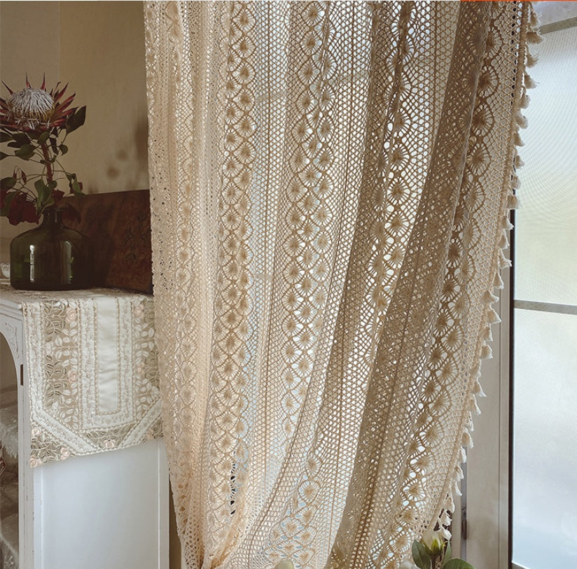 LaceHarvest™ – Cotton Hemp Crochet Curtain in Rustic Farmhouse Style