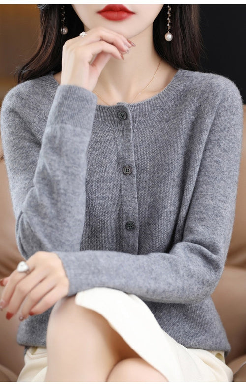 Fashion Merino Wool Cardigan Sweater Women O-Neck Long-sleeve Cashmere
