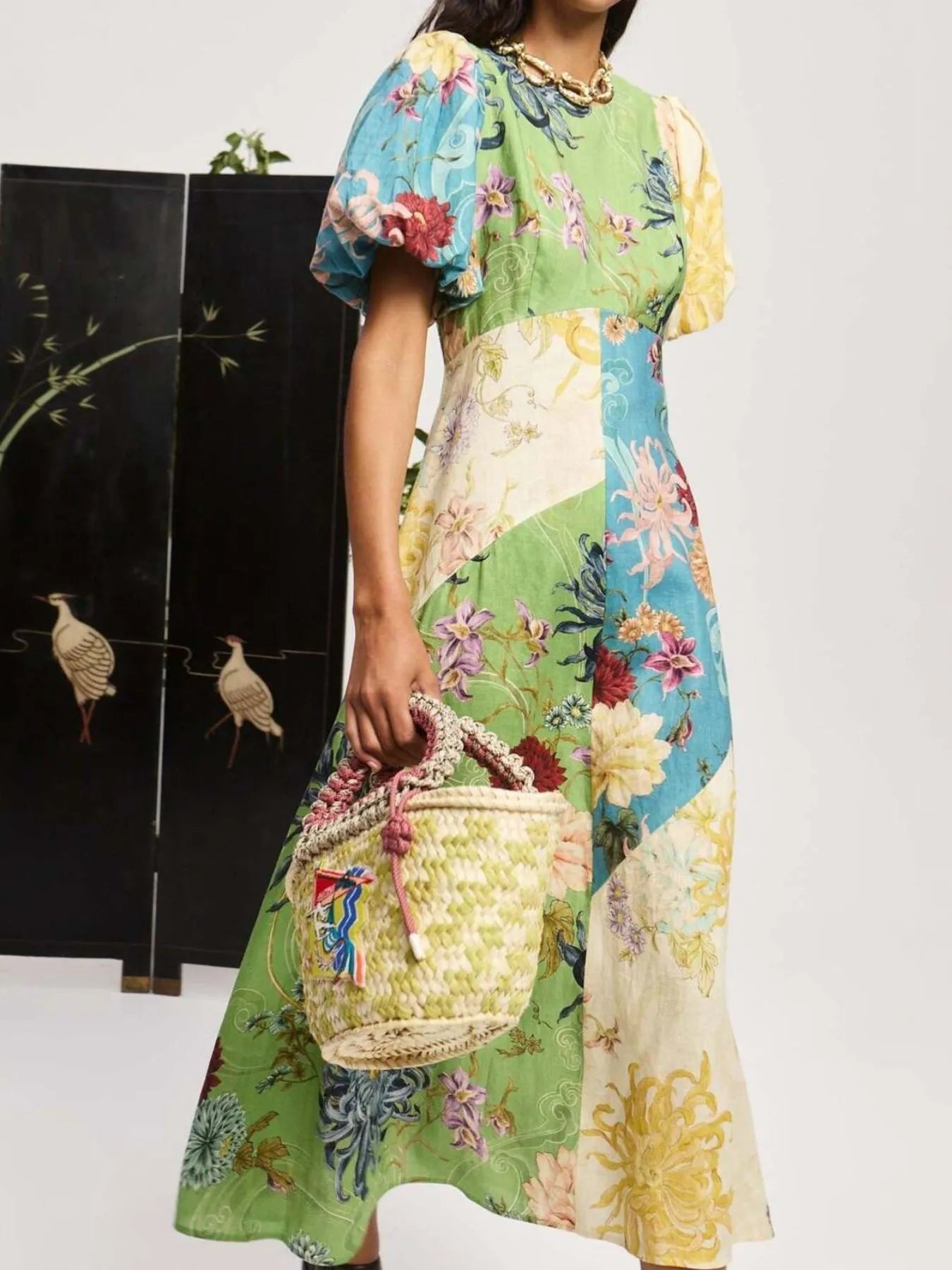 Printed Round Neck Puff Sleeve Dress