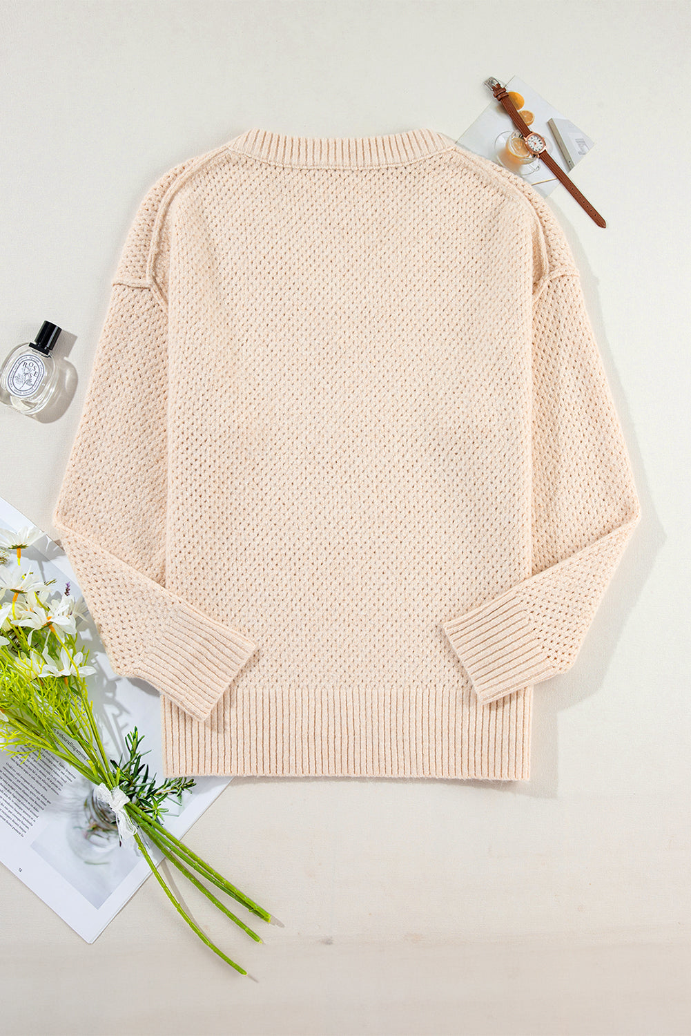Light Grey Oversized V Neck Drop Shoulder Sweater with Eyelet Detail