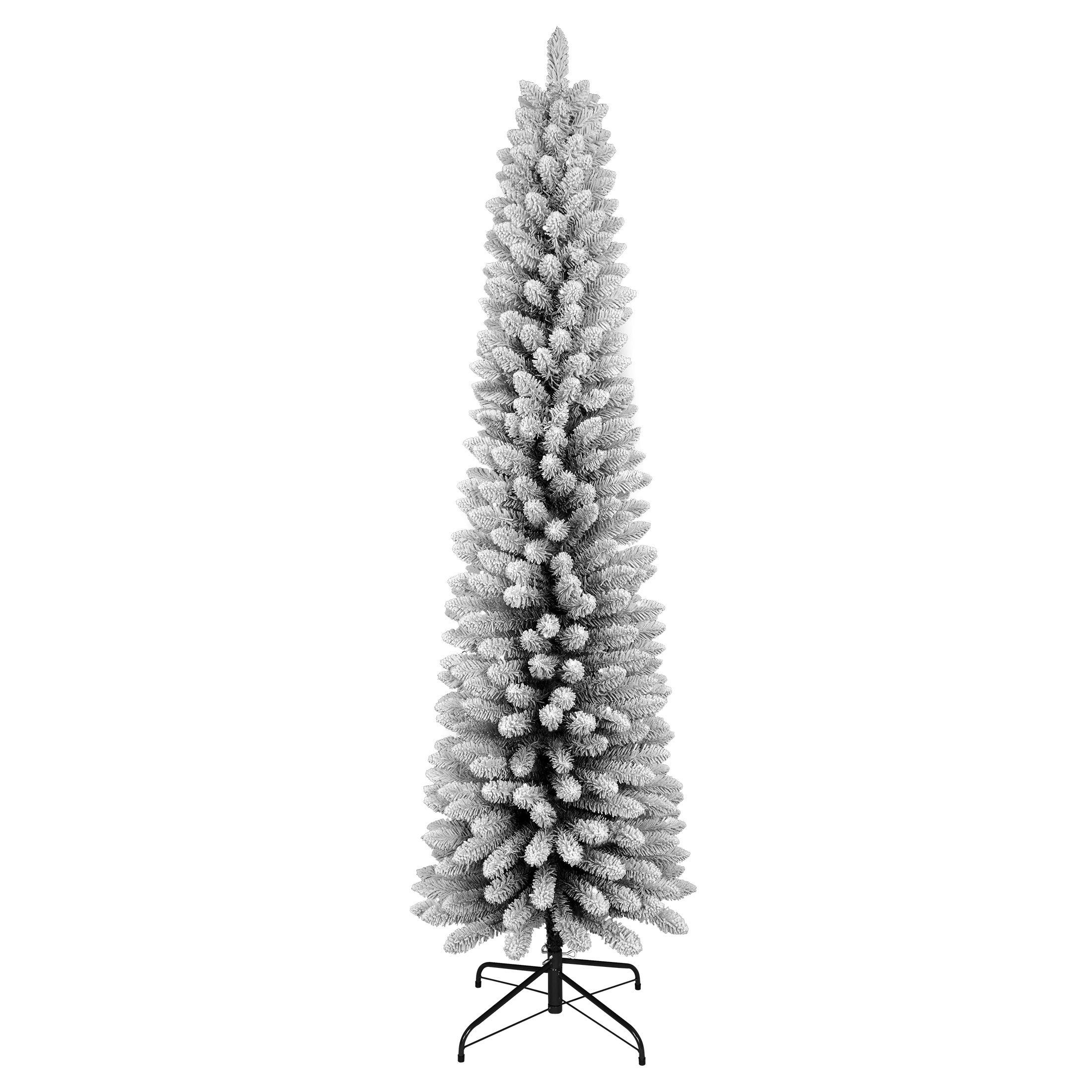 7FT Flocked Pencil Christmas Tree – Slim PVC Tree with 469 Snowy Tips,