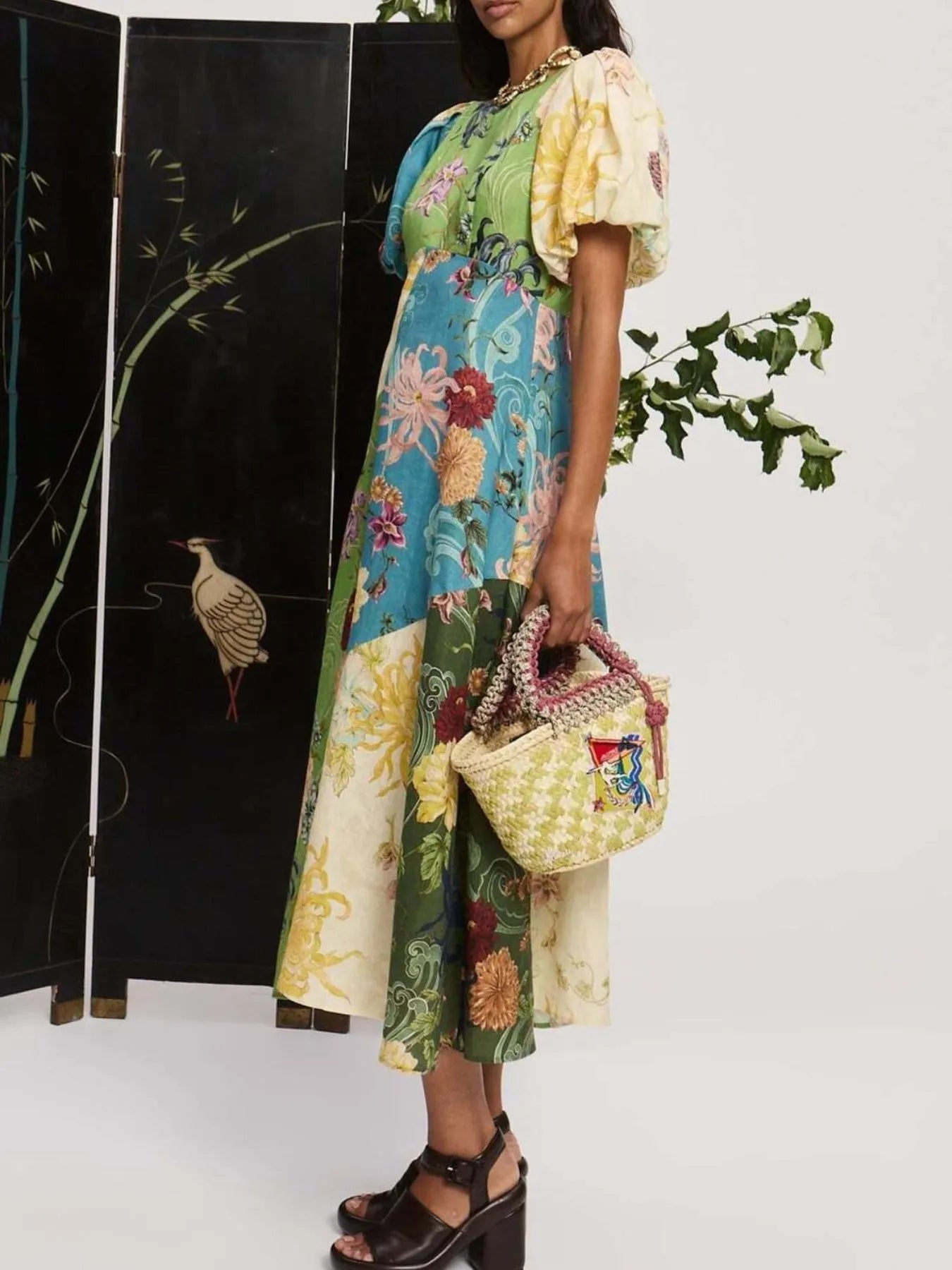 Printed Round Neck Puff Sleeve Dress