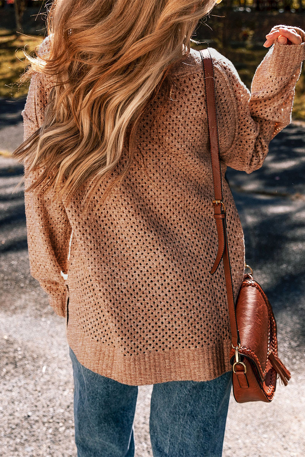Light Grey Oversized V Neck Drop Shoulder Sweater with Eyelet Detail