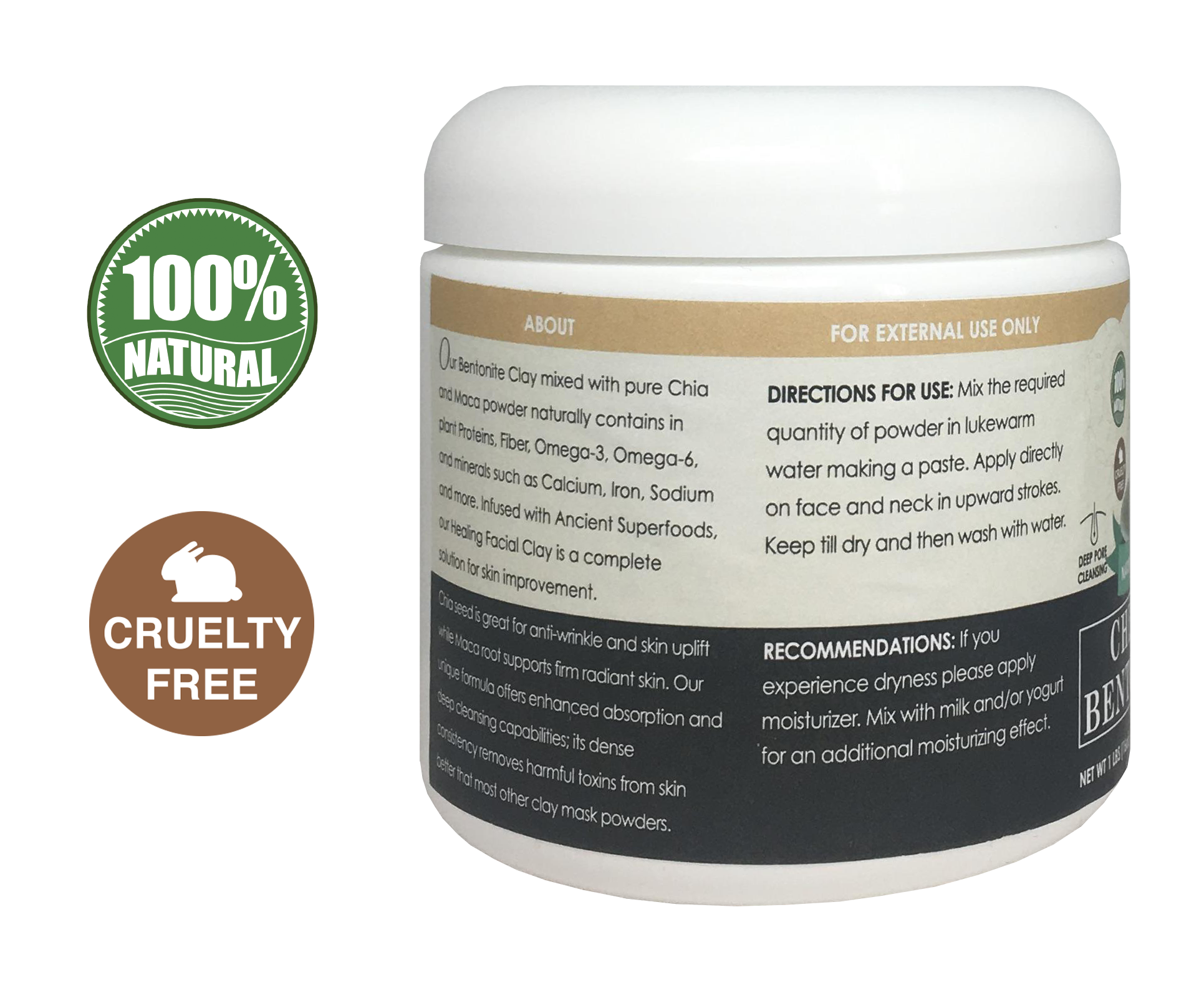 Chia & Maca Healing Bentonite Clay Natural Face Mask Powder, 1 Pound
