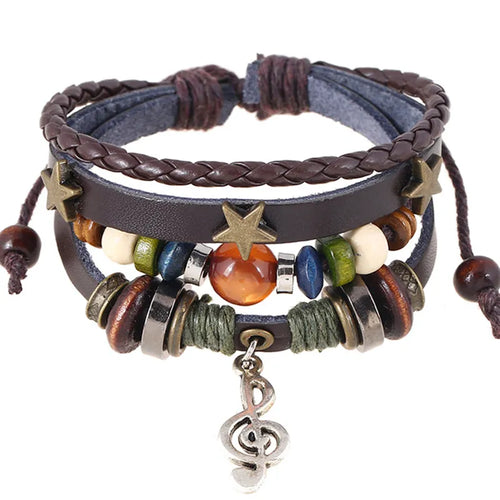 Handmade Boho Gypsy Hippie Design Brown Leather Star G Clef Note Metal