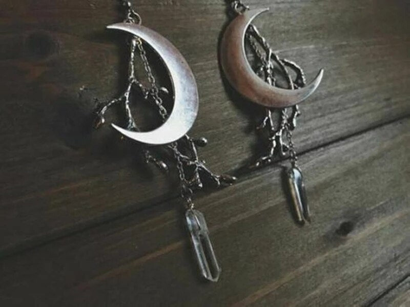 Raw Faux Quartz Crystal Earrings with Crescent Moon and Branches