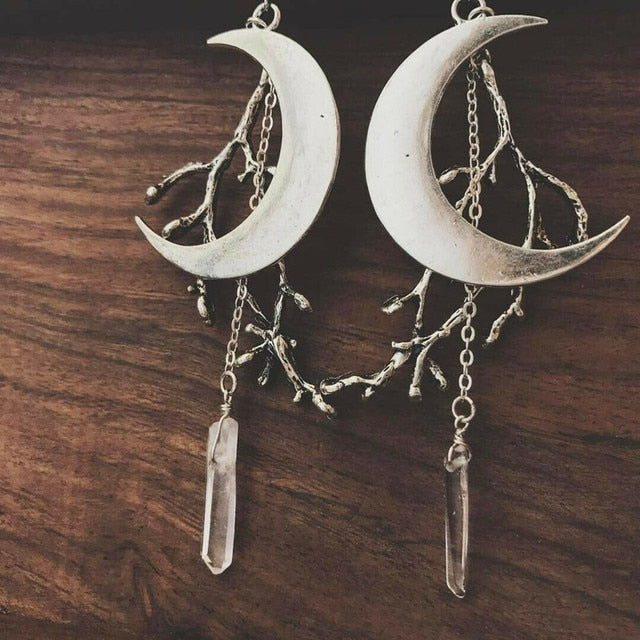 Raw Faux Quartz Crystal Earrings with Crescent Moon and Branches