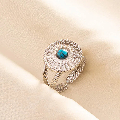 1pc Boho Turquoise Rings Hippie Stainless Steel Blue Gemstone Silver