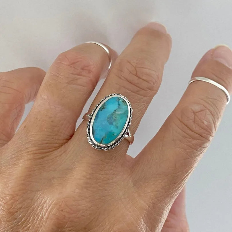 1pc Boho Turquoise Rings Hippie Stainless Steel Blue Gemstone Silver