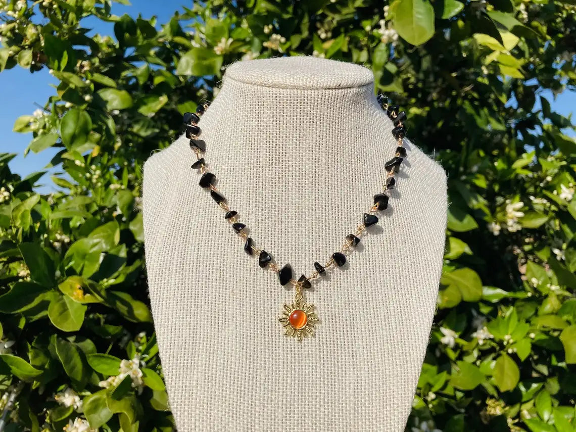 Gold Sun pendant choker,sun necklace,beaded choker,beaded