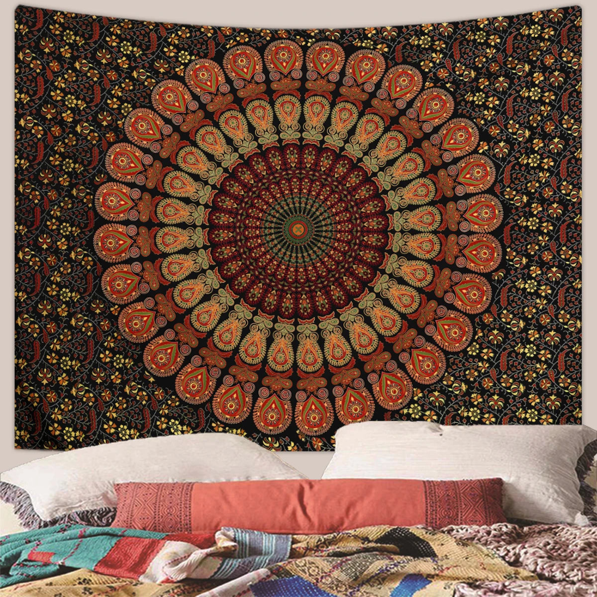 1pc Bohemian Mandala Tapestry, Retro Plant Flower psychedelic