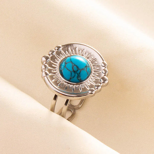 1pc Boho Turquoise Rings Hippie Stainless Steel Blue Gemstone Silver