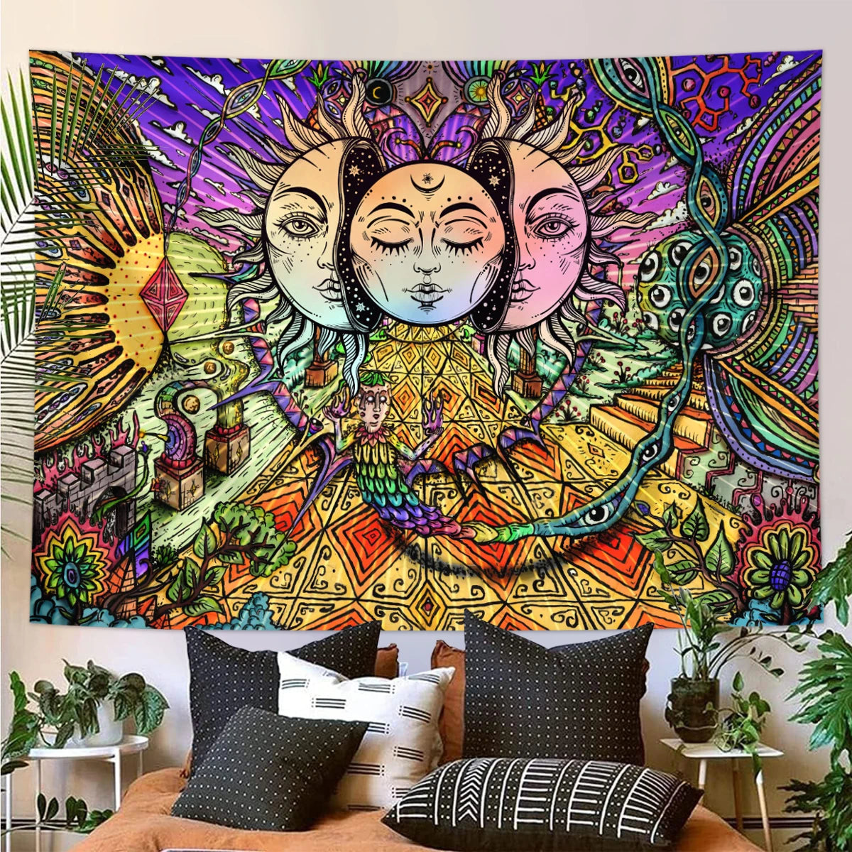 1pc Bohemian Mandala Tapestry, Retro Plant Flower psychedelic