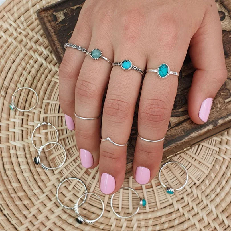 1pc Boho Turquoise Rings Hippie Stainless Steel Blue Gemstone Silver