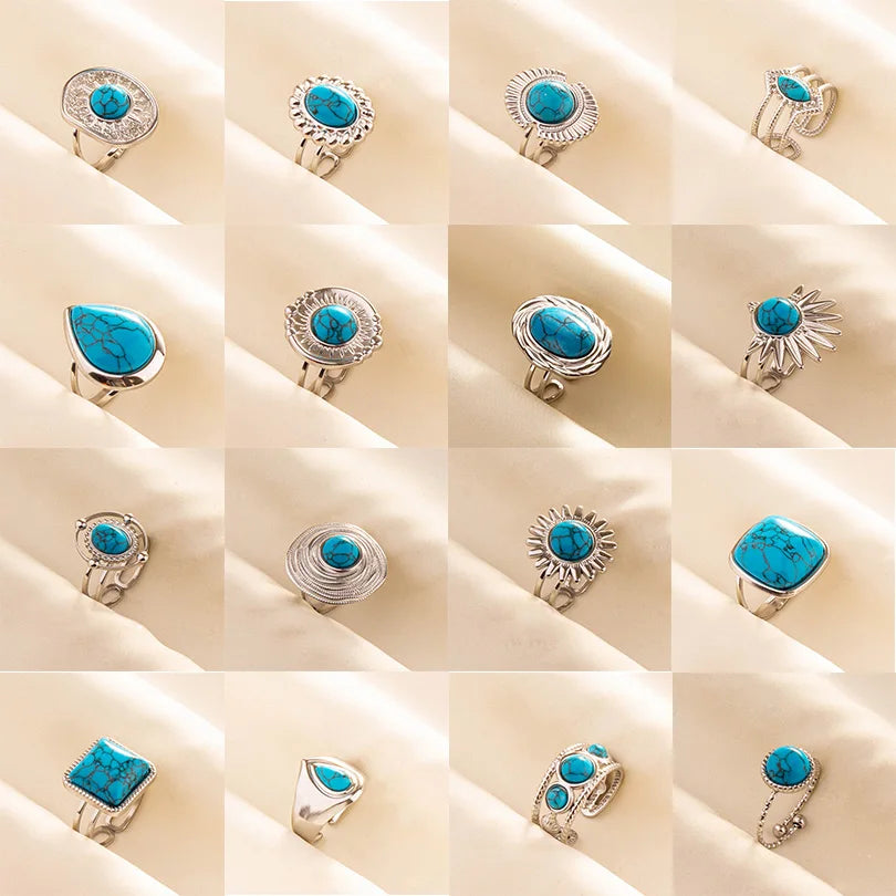 1pc Boho Turquoise Rings Hippie Stainless Steel Blue Gemstone Silver