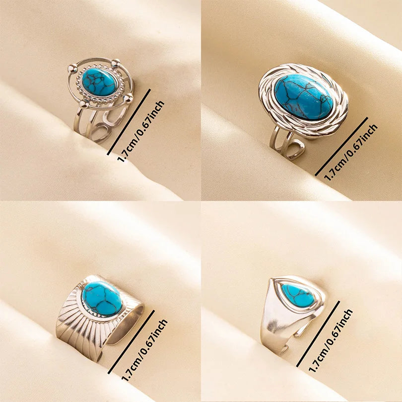 1pc Boho Turquoise Rings Hippie Stainless Steel Blue Gemstone Silver