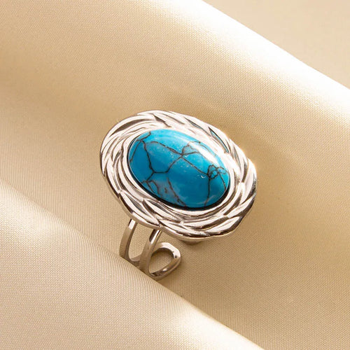 1pc Boho Turquoise Rings Hippie Stainless Steel Blue Gemstone Silver