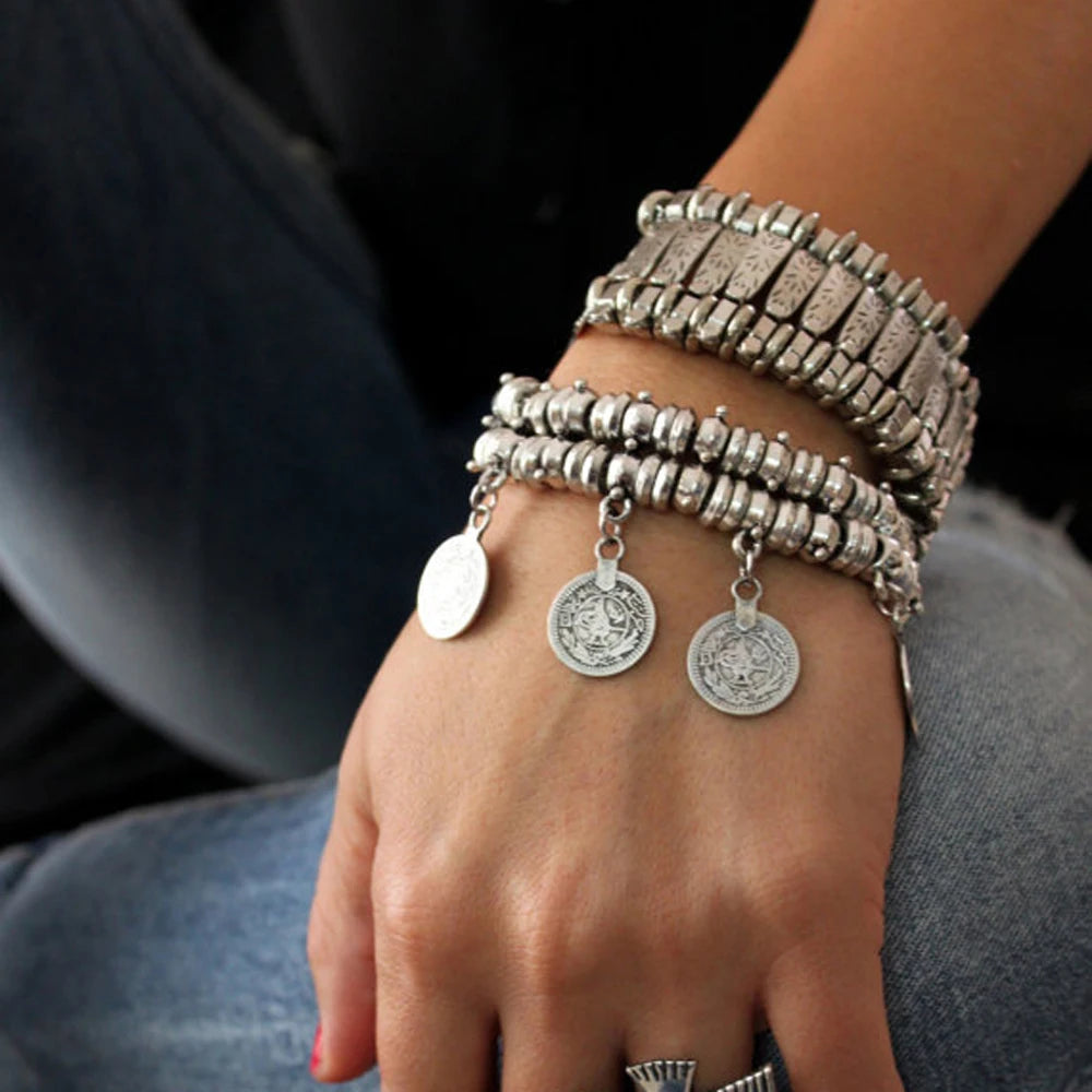 Vintage Silver Golden Coins Bracelet for Women Men Boho Hippie Beach