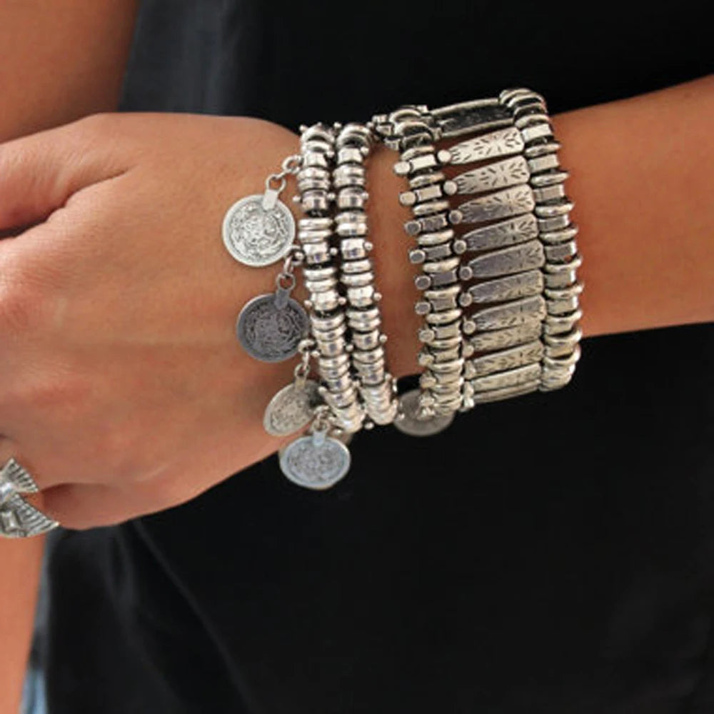 Vintage Silver Golden Coins Bracelet for Women Men Boho Hippie Beach