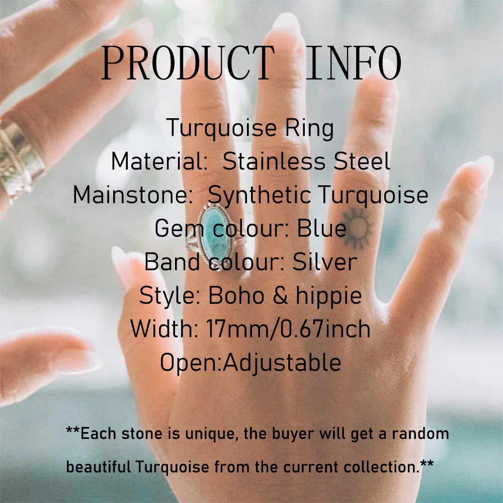 1pc Boho Turquoise Rings Hippie Stainless Steel Blue Gemstone Silver