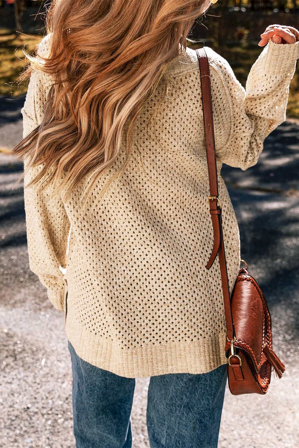Light Grey Oversized V Neck Drop Shoulder Sweater with Eyelet Detail