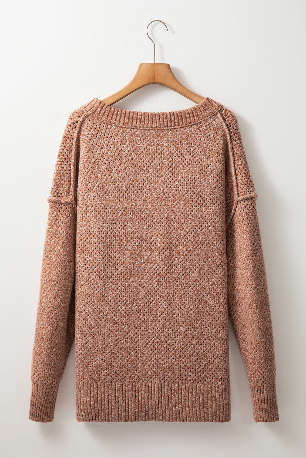 Light Grey Oversized V Neck Drop Shoulder Sweater with Eyelet Detail