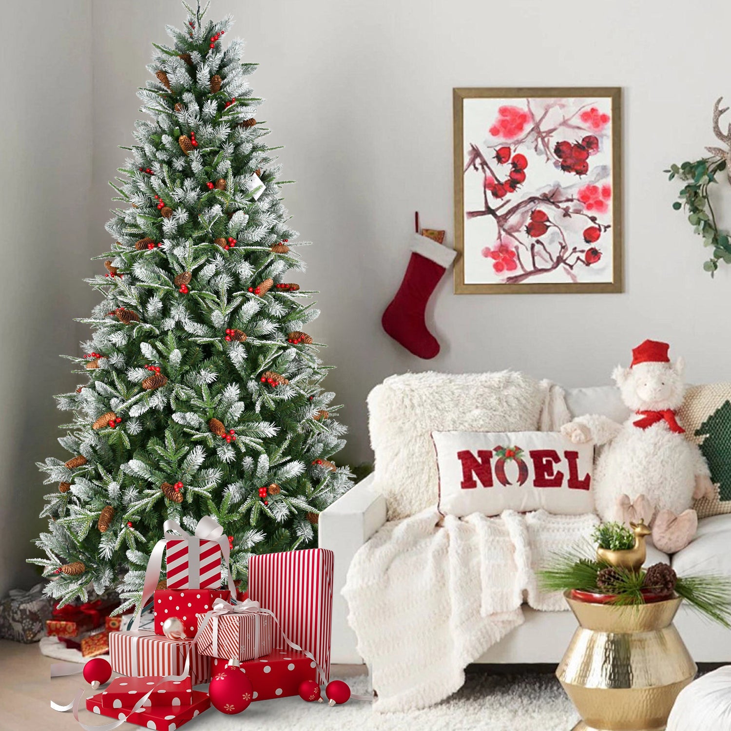 8FT Christmas Tree with 2850 Tips, Red Berries & Pine Cones –