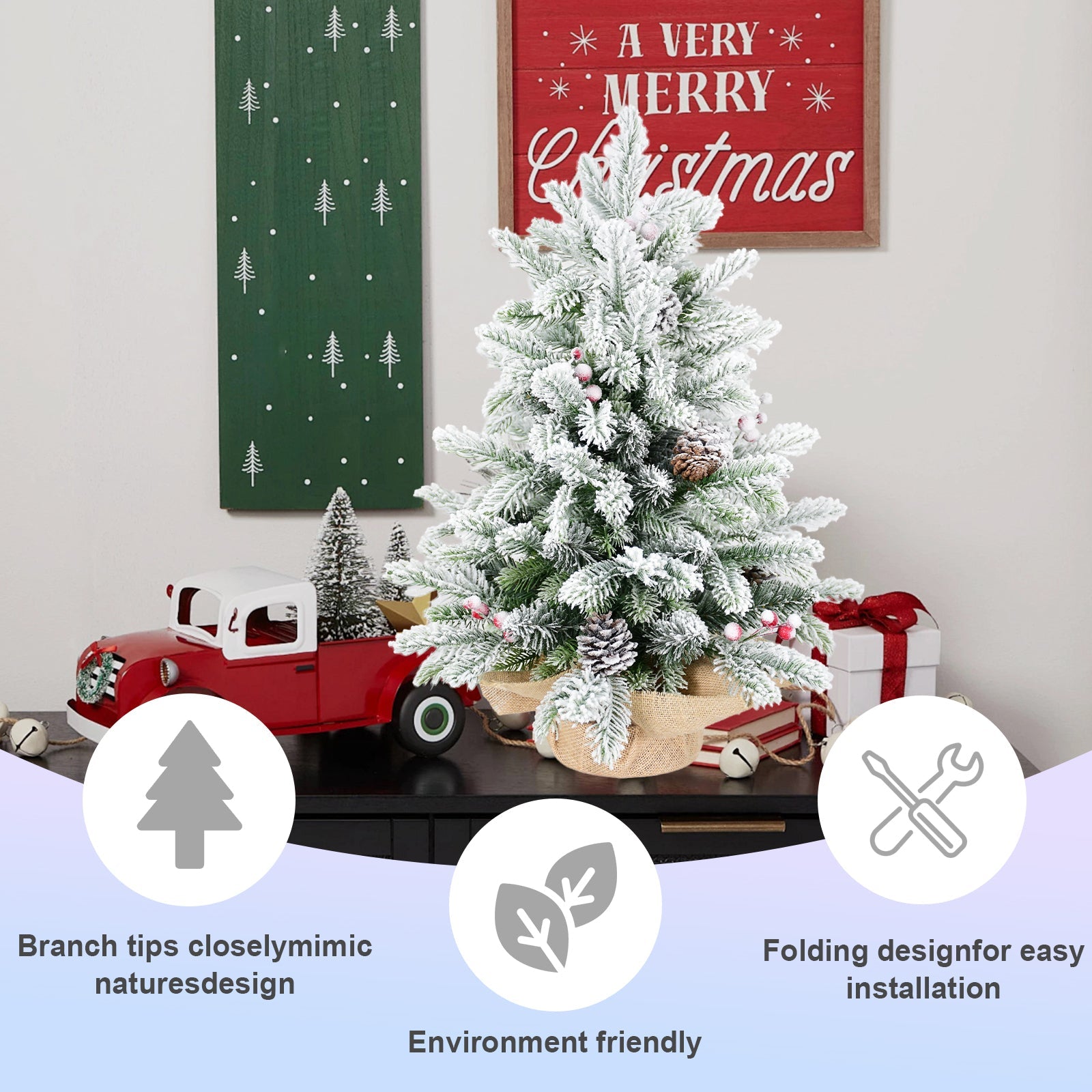 3FT Flocked Tabletop Christmas Tree with 355 Tips, Snowy PE/PVC