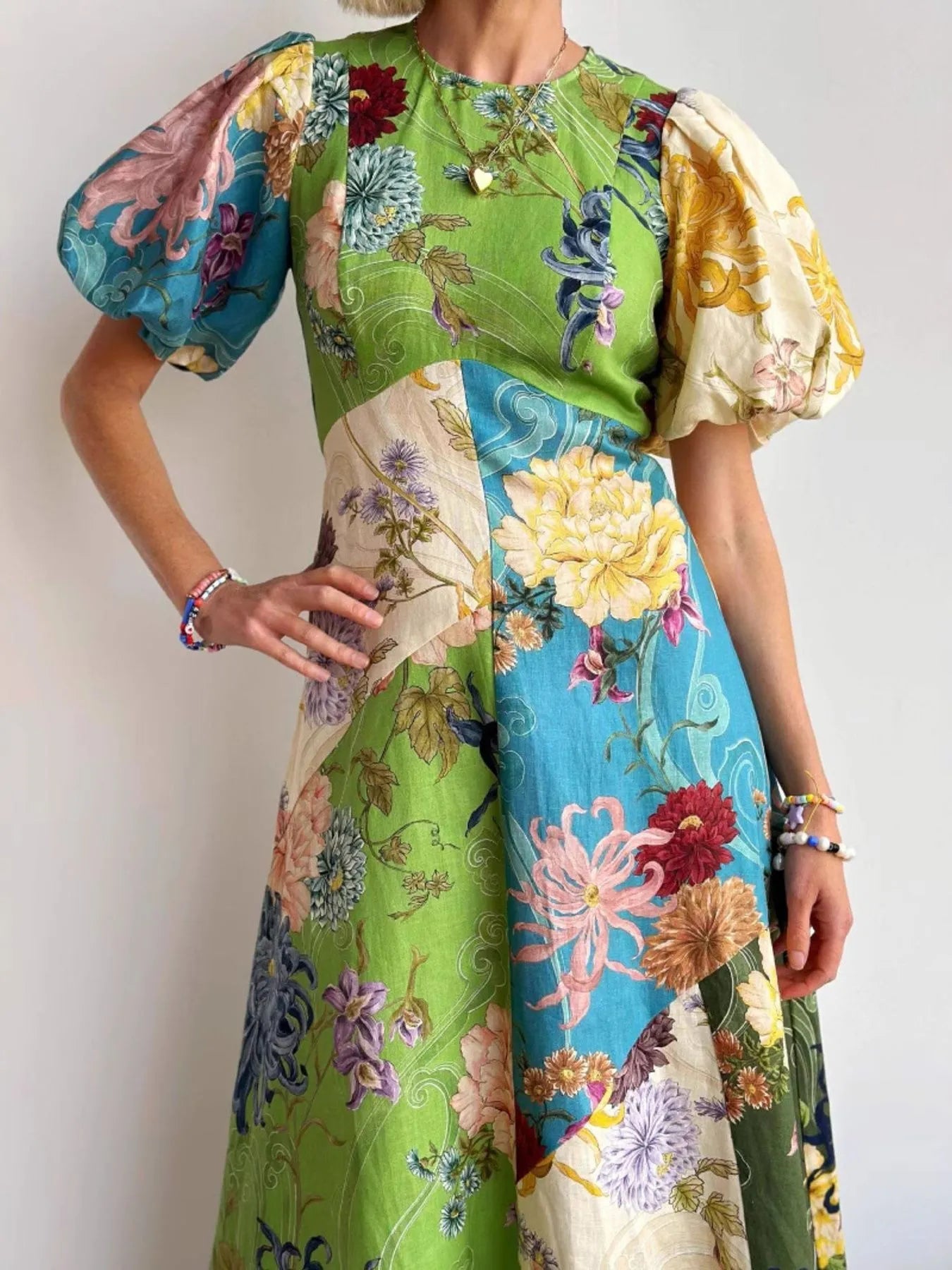 Printed Round Neck Puff Sleeve Dress
