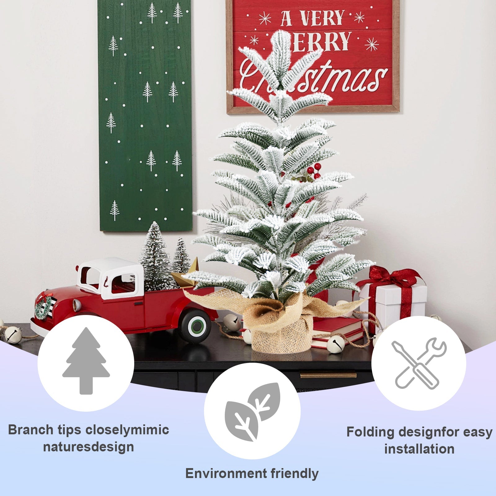 50CM Flocked Tabletop Christmas Tree, Full PE Snowy Mini Tree with 85