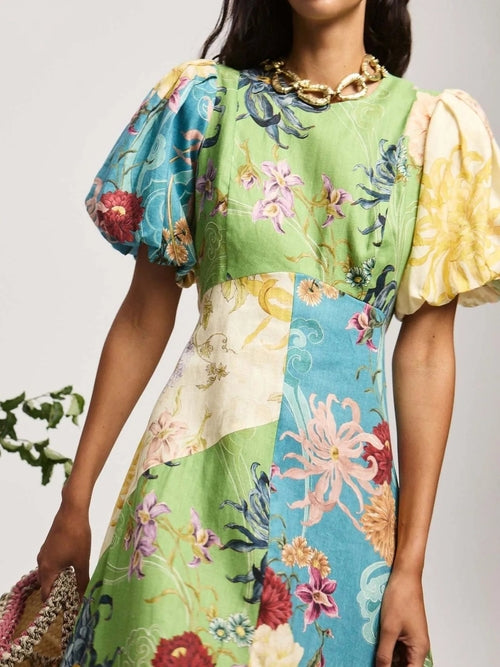 Printed Round Neck Puff Sleeve Dress