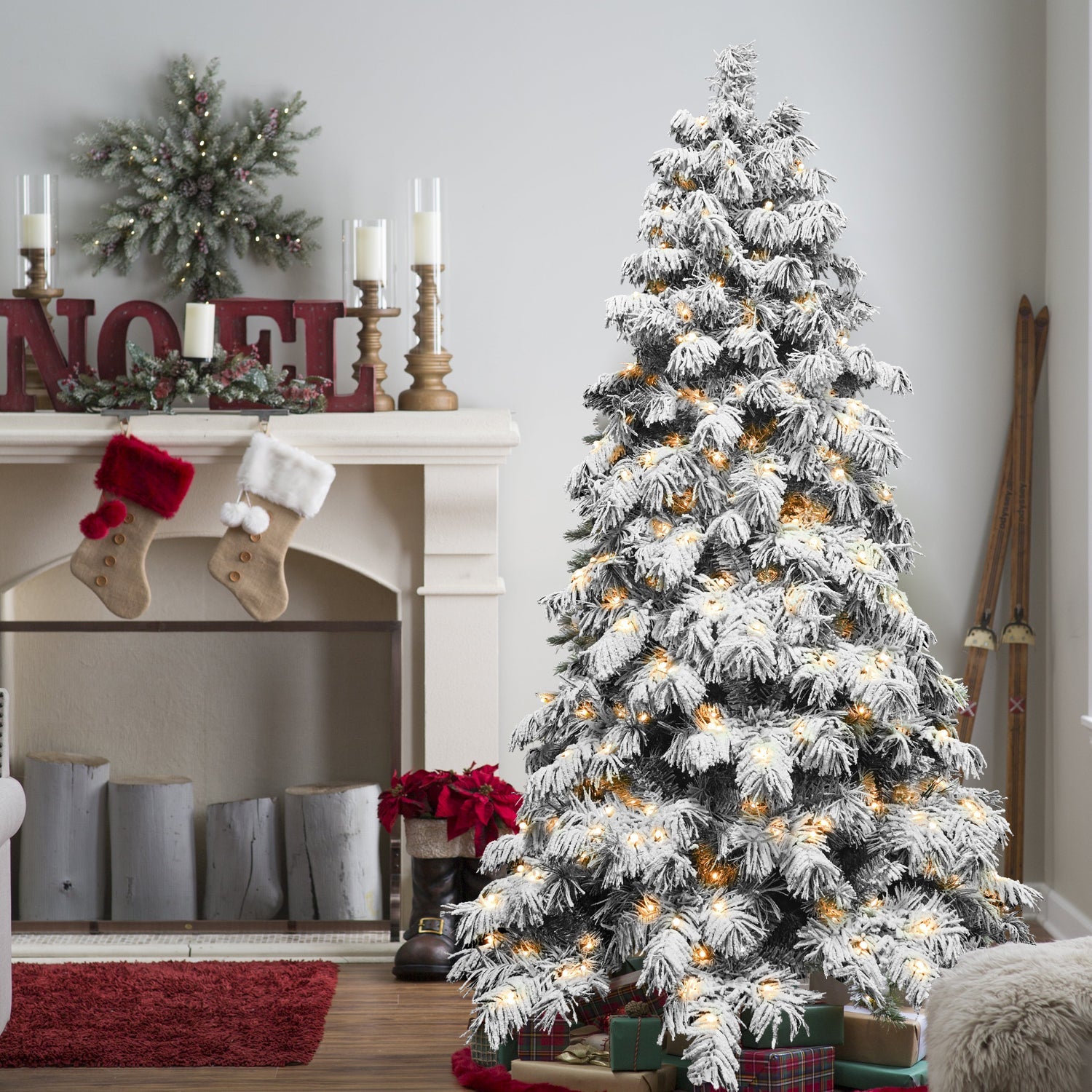 8ft Flocked Scarecrow-Shaped Christmas Tree with 470 Warm White LED