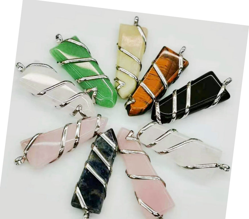 Natural Gemstone Spiral Wrapped Pendant Necklace