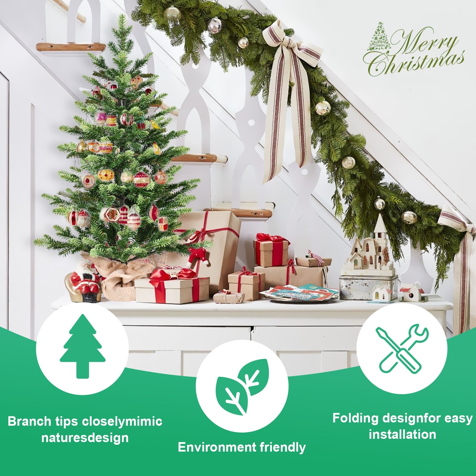 2FT Full PE Tabletop Christmas Tree with 230 Tips, Realistic Green