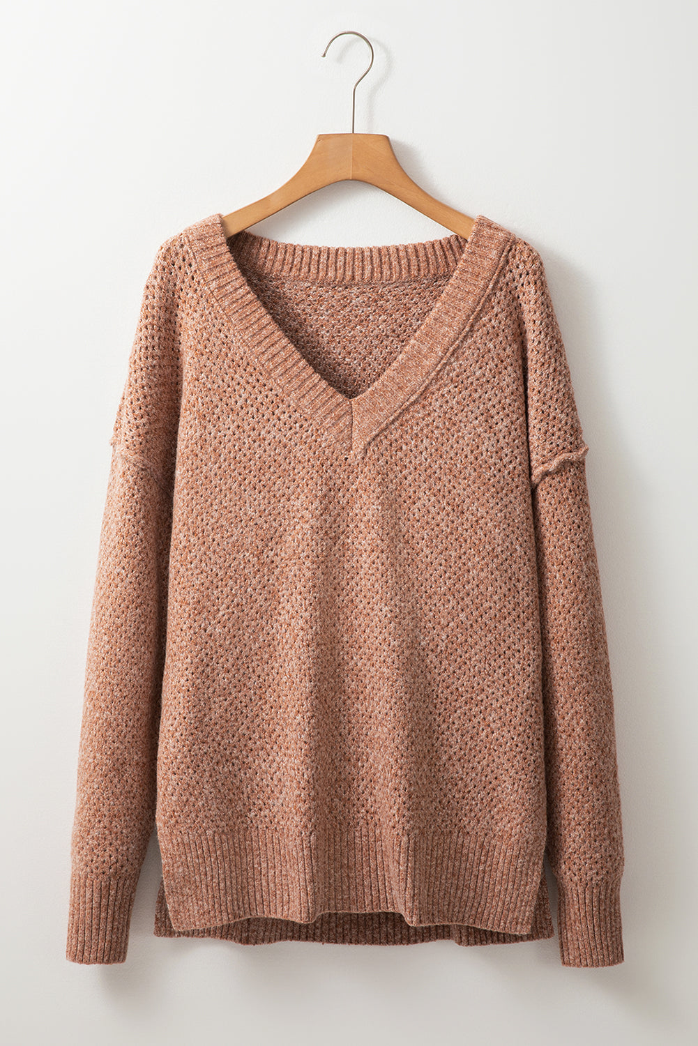 Light Grey Oversized V Neck Drop Shoulder Sweater with Eyelet Detail