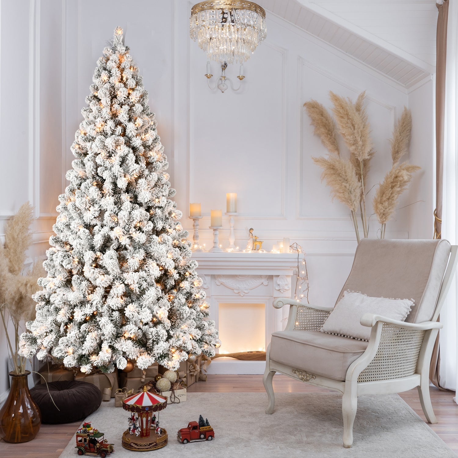 9ft Flocked Pre-Lit Christmas Tree with 650 UL Warm White Lights, 1930