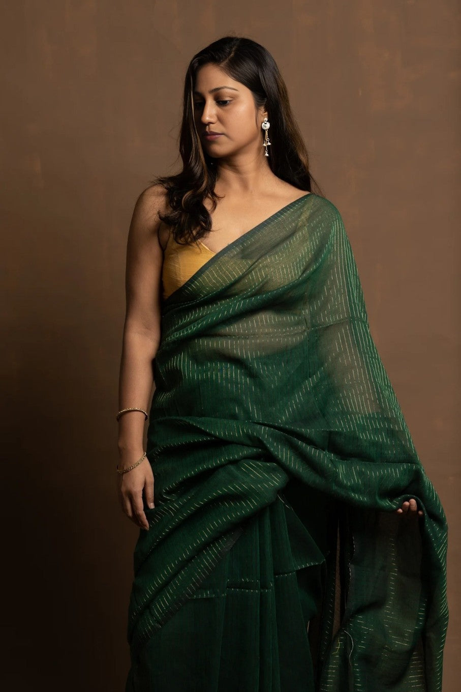 Earthy Elegance –  Handwoven Cotton Saree with Minimalist Charm-Dark