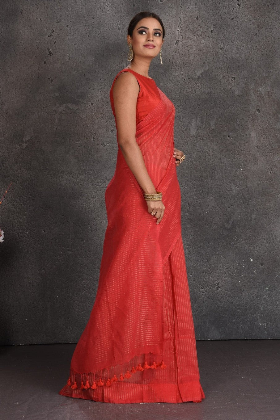 Earthy Elegance –  Handwoven Cotton Saree with Minimalist Charm-Red