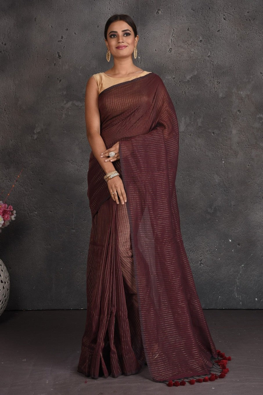 Earthy Elegance –  Handwoven Cotton Saree with Minimalist Charm-Brown
