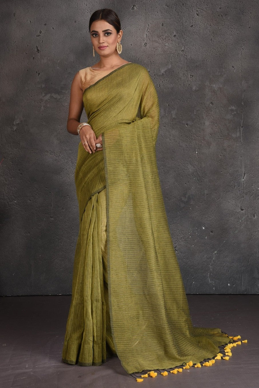 Earthy Elegance –  Handwoven Cotton Saree with Minimalist Charm-Green