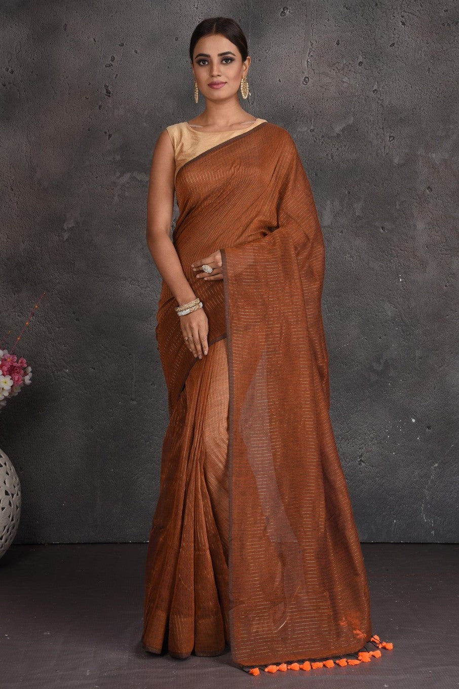 Earthy Elegance –  Handwoven Cotton Saree with Minimalist Charm-Brown