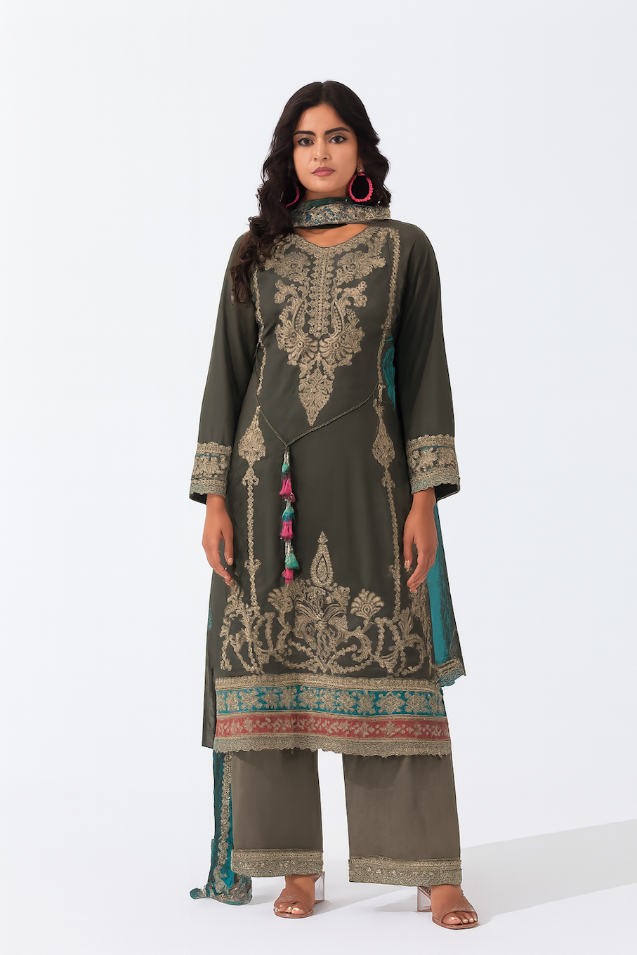 Women Designer Embroidery Kurta Set-Green (Size-L) | D116