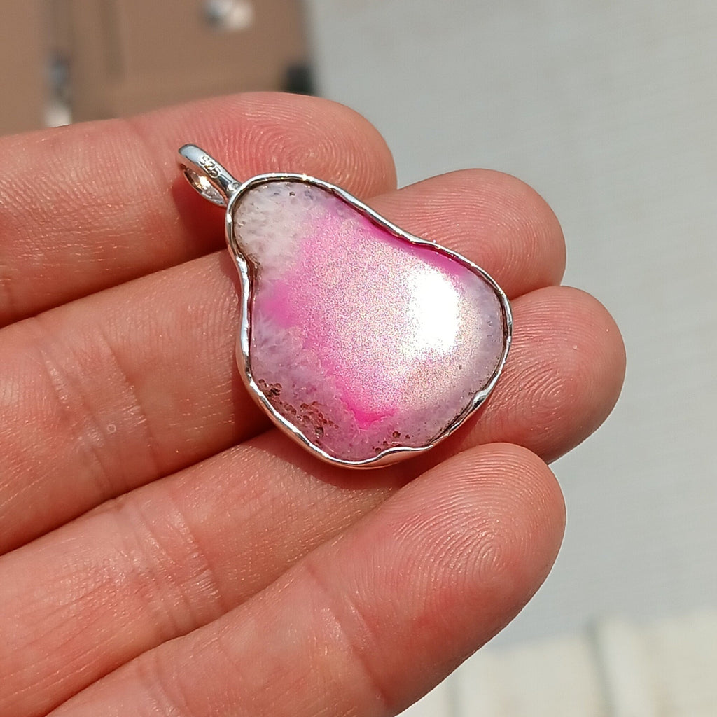 Pink Agate Pendant, Sterling Silver Pendant, Artwork Pendant, pink and