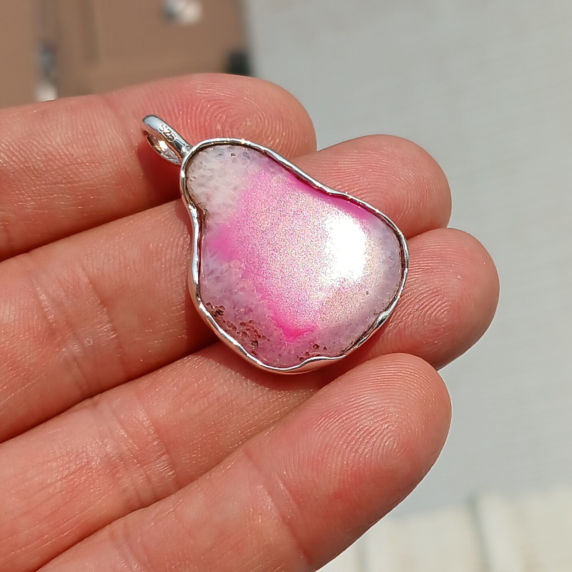 Pink Agate Pendant, Sterling Silver Pendant, Artwork Pendant, pink and