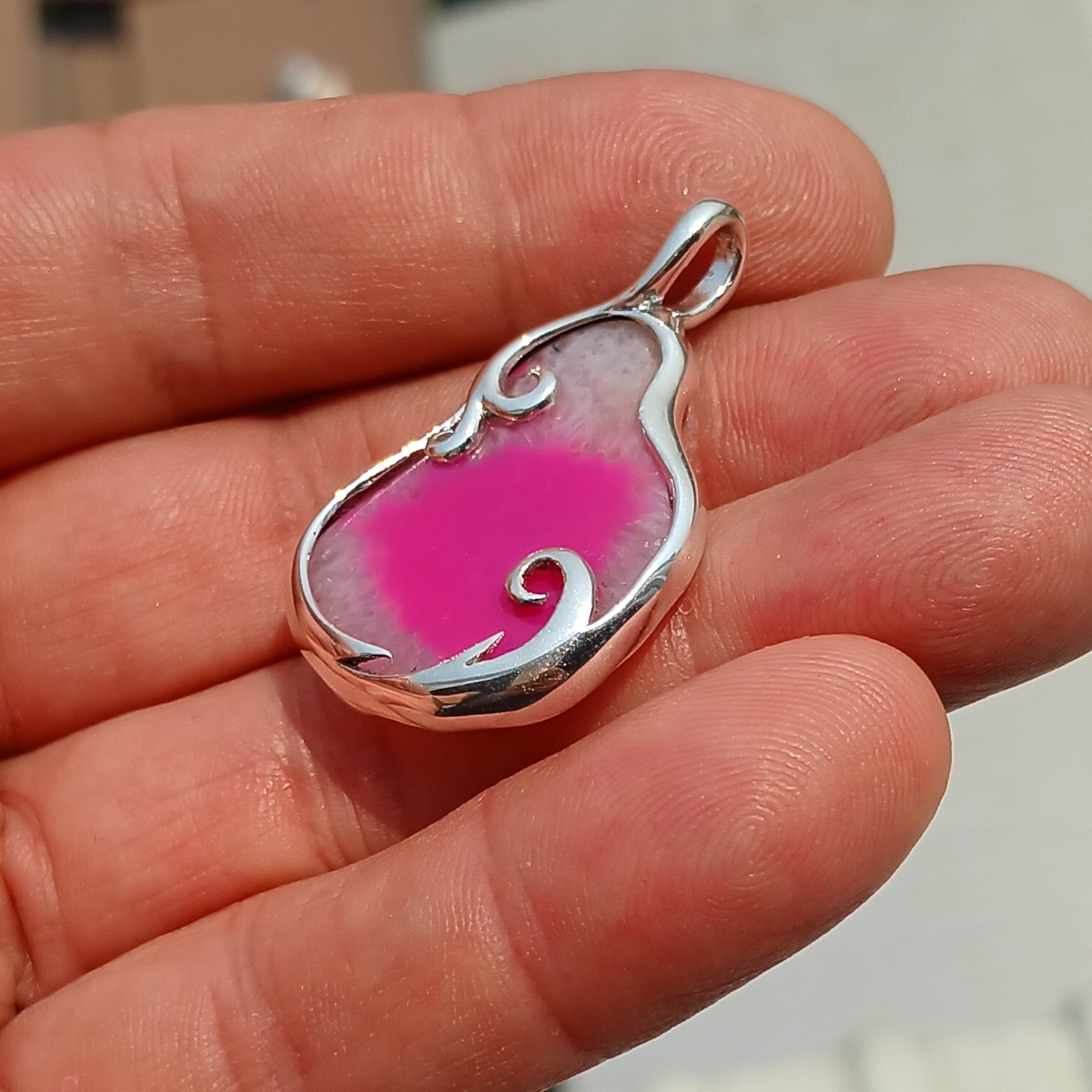 Pink Agate Pendant, Sterling Silver Pendant, Artwork Pendant, pink and