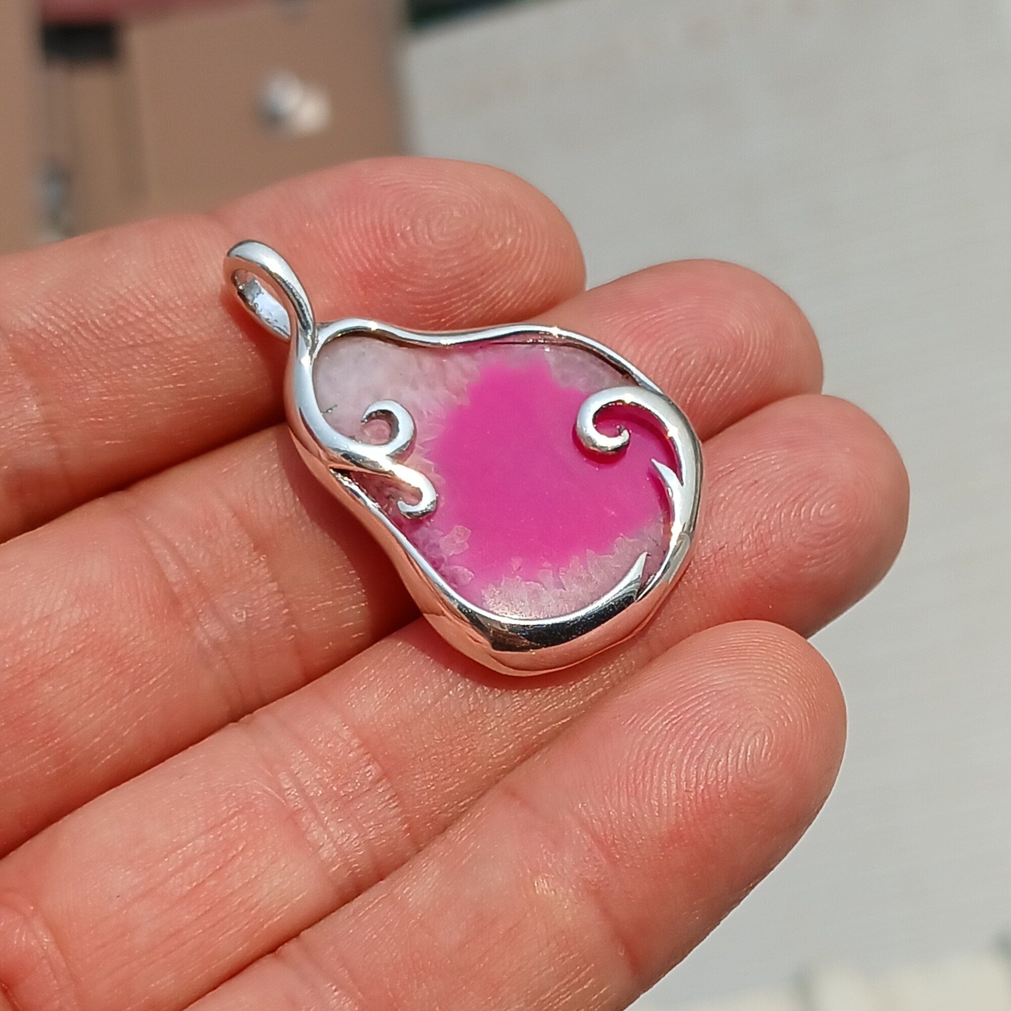 Pink Agate Pendant, Sterling Silver Pendant, Artwork Pendant, pink and